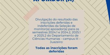 Divulgação do resultado das inscrições deferidas e indeferidas da Seleção de monitor(a) apoiador(a) para os semestres 2024.1 e 2024.2, 2025.1 e 2025.2 do Departamento de Ciências Humanas – campus III – Juazeiro